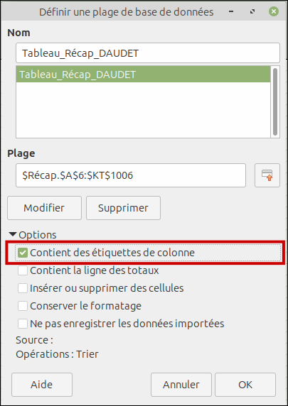 LibreOffice Calc Plage Base de Donnees