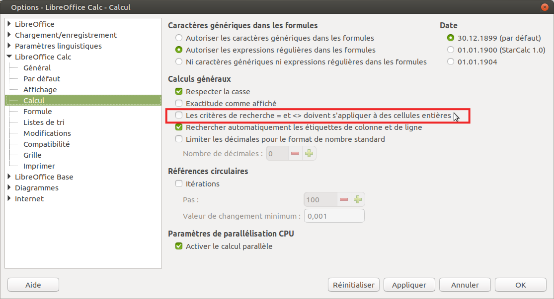 LibreOffice Calc préférences calculs