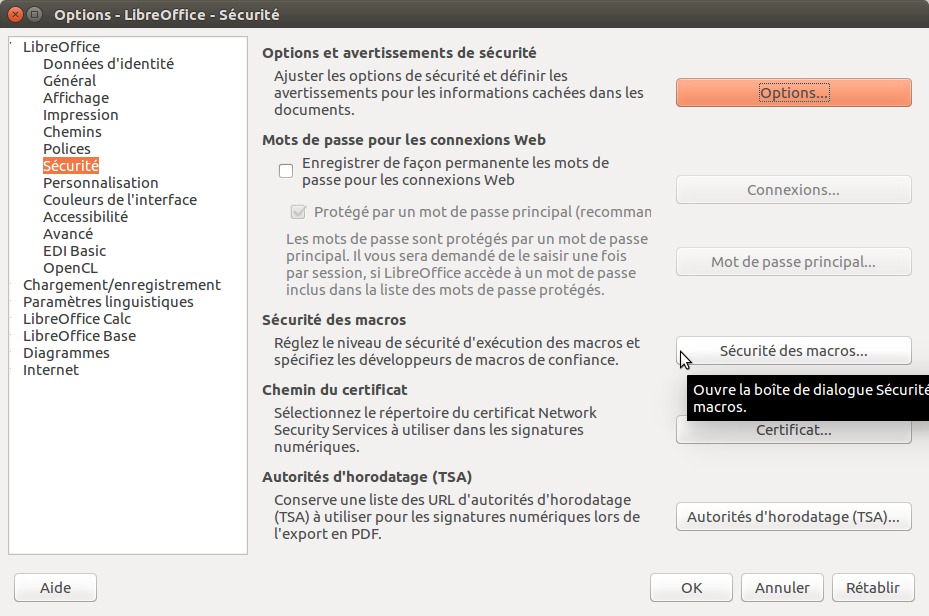 LibreOffice Options Sécurité Macros1