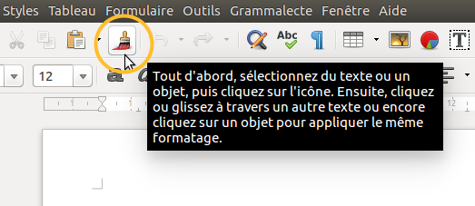 Barre d'outils LibreOffice avec le Pinceau