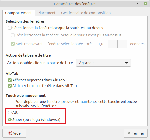 Changement de la touche de raccourci de manipulation des fenêtres par la touche Super (logo Windows).